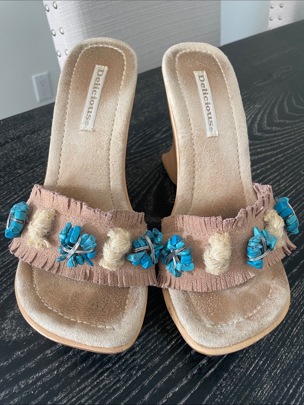 Y2k vintage Delicious Tan Slide Mules with Turquoise Bead Embellishments